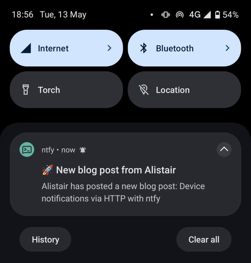 Screenshot of android notification menu with a notification from ntfy. It has the content from the previous code segment